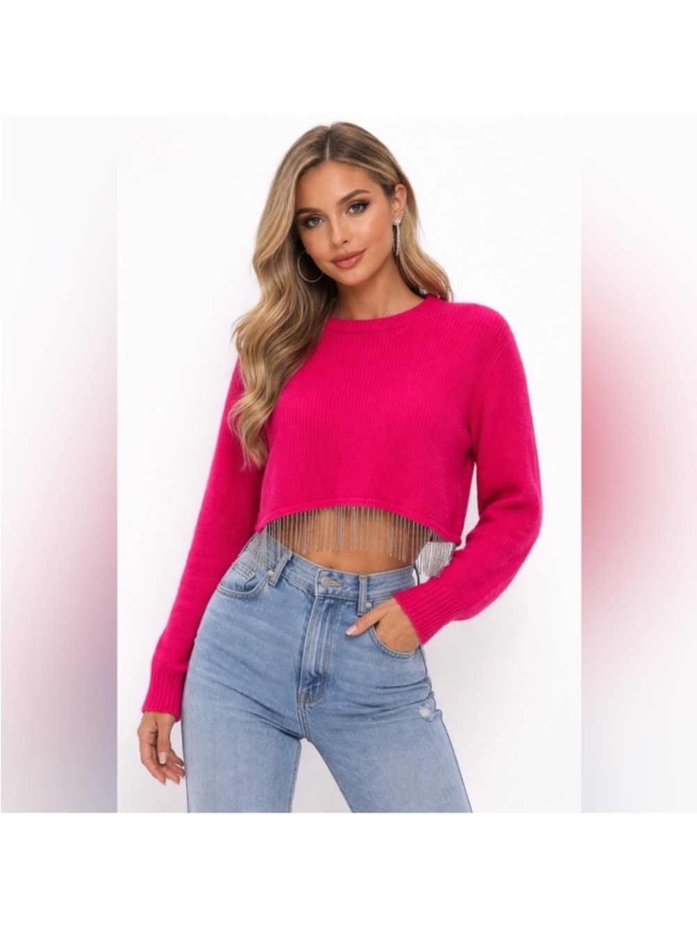 House of Harlow 1960 Hot Pink
Cropped Sweater with Rhinestone Fringe Hem